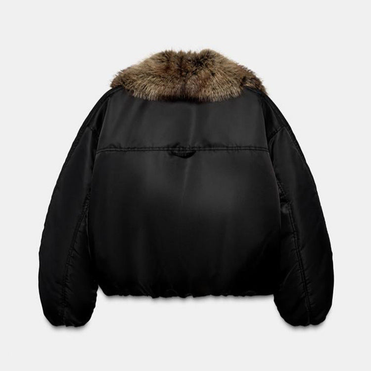 Damen Oversize-Bomberjacke mit voluminösem Fellkragen und Satinärmeln Nord Taschen