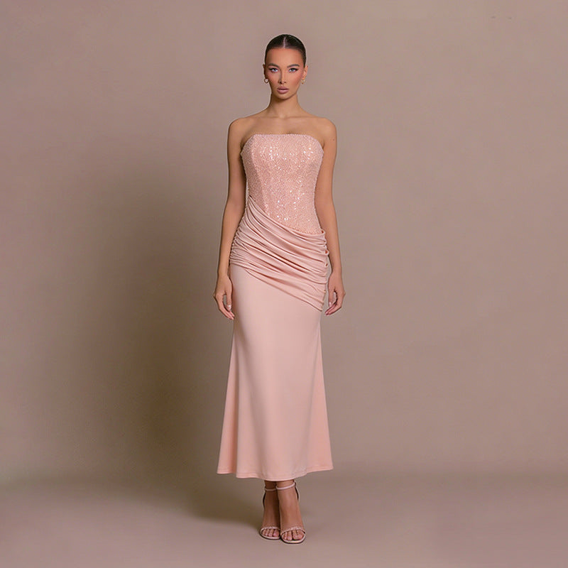Damen Elegantes langes Abendkleid mit figurschmeichelndem Rüschendesign und schimmernden Pailletten Nord Taschen