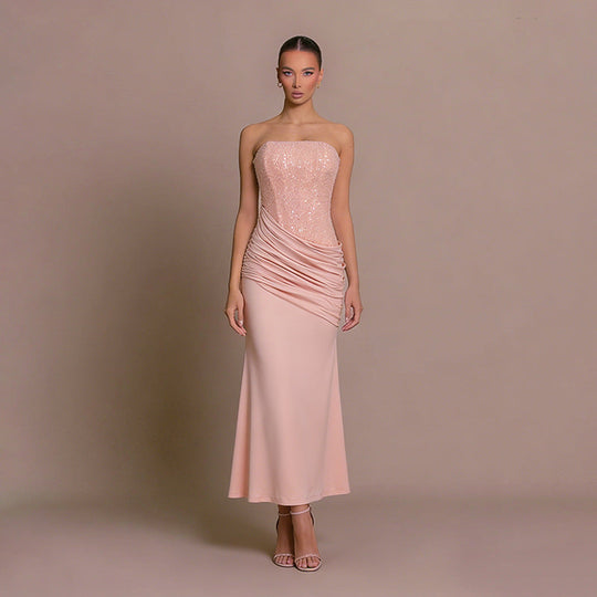 Damen Elegantes langes Abendkleid mit figurschmeichelndem Rüschendesign und schimmernden Pailletten Nord Taschen