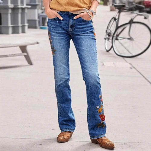 Damen bestickte Bootcut-Jeans mit hoher Taille und leichtem Stretch Nord Taschen