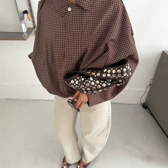 Damen Oversize karierte Bluse mit Fledermausärmeln und verdeckter Knopfleiste Nord Taschen