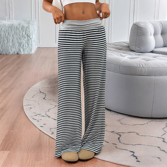 Damen Gestreifte Lounge‑Hose mit weitem Bein und elastischem Bund Nord Taschen