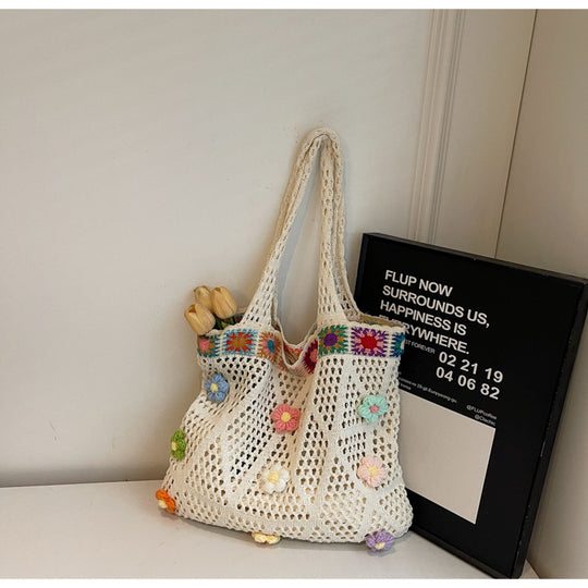 Damen gehäkelte Strandtasche mit bunten Blumenapplikationen Nord Taschen