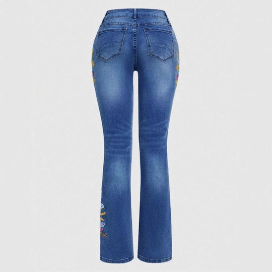 Damen bestickte Bootcut-Jeans mit hoher Taille und leichtem Stretch Nord Taschen