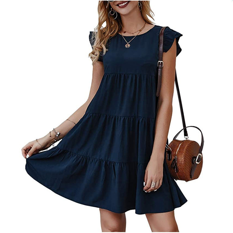 Damen lässiges tierfreies T-Shirt Kleid mit Volantärmel Nord Taschen