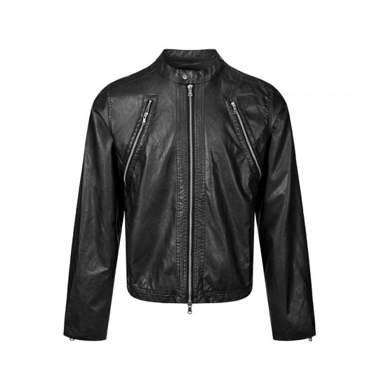 Herren Lederjacke im Bikerstil mit Stehkragen und diagonalen Reißverschlusstaschen Nord Taschen