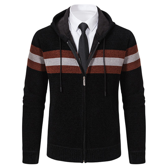 Herren Gestrickte Kapuzen-Strickjacke mit Kontraststreifen und Reißverschluss Nord Taschen