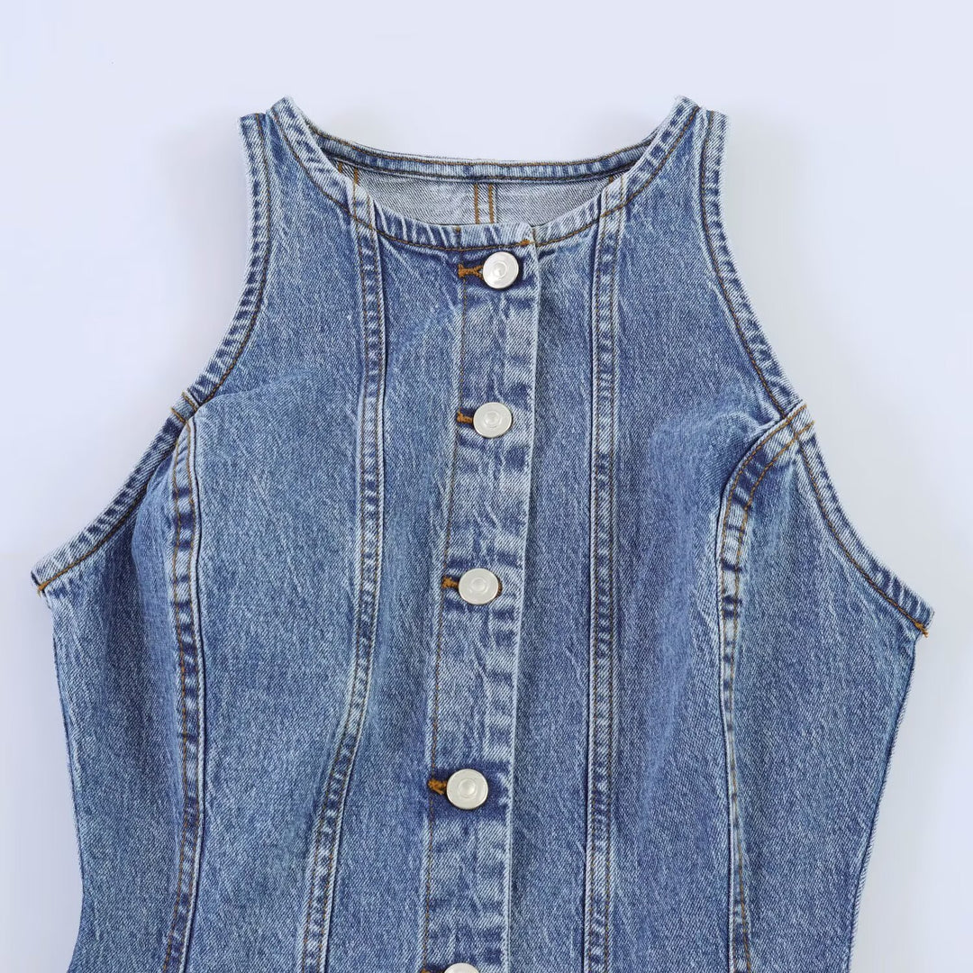 Damen Ärmelloses Jeanskleid mit figurbetonter Teilungsnaht, A‑Linie und durchgehender Knopfleiste Nord Taschen