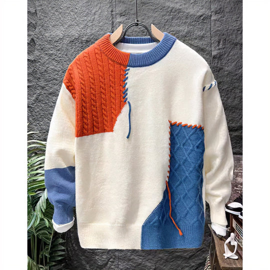 Unisex Patchwork-Oversize-Strickpullover mit Zopf- und Rautenmuster, dekorativen Kontrastnähten und Rundhalsausschnitt Nord Taschen