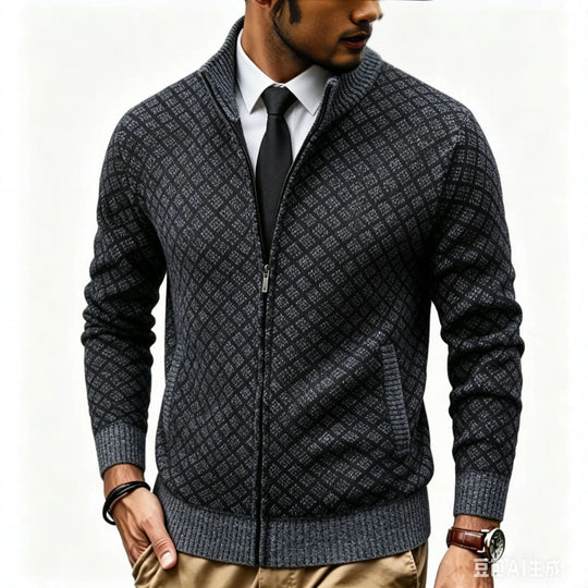 Herren Strukturierte Strickjacke mit Stehkragen und Diamant-Jacquard Nord Taschen