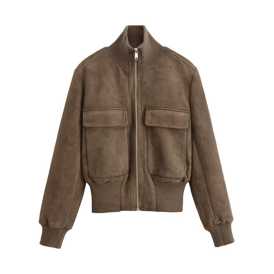 Damen Bomberjacke aus Wildlederoptik mit großen Pattentaschen und Rippbündchen Nord Taschen