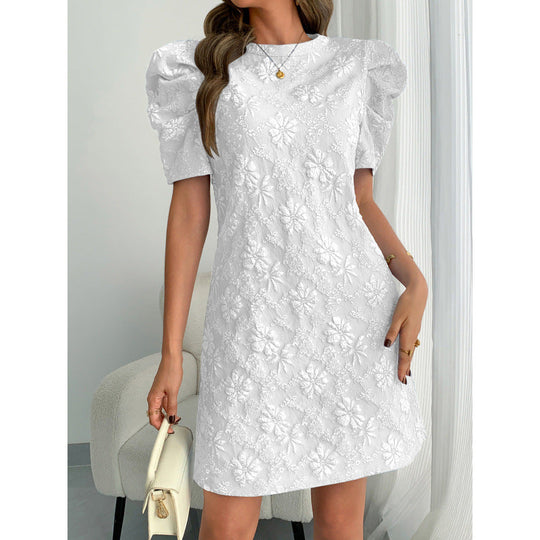 Damen Kurzarmkleid mit voluminiösen Ärmeln und floralen Stickereien