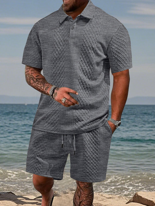 Herren nan geprägtes Strand-Ensemble mit offenem Kurzarm-Hemd und Kordel-Bermuda