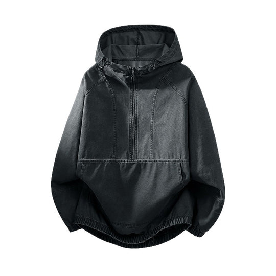 Herren Oversize Canvas-Halbzip-Kapuzenanorak mit Kängurutasche und elastischem Saum Nord Taschen