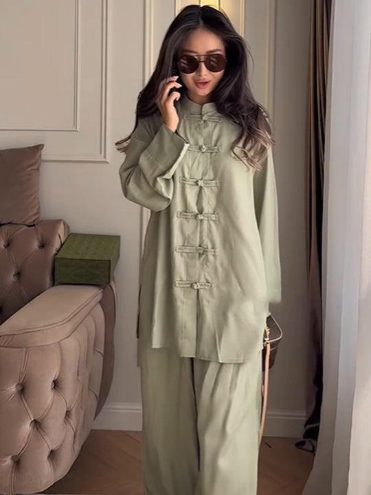 Damen Zweiteiliges Oversize Lounge‑Set mit Stehkragen und dekorativen Knotenverschlüssen Nord Taschen
