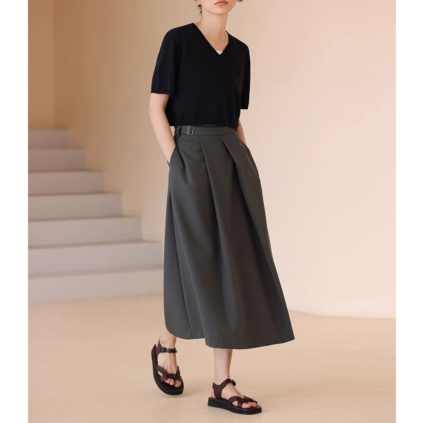 Damen Taillenhoher A-Linien Midirock mit präzisen Kellerfalten, breitem Taillenband & Eingrifftaschen Nord Taschen