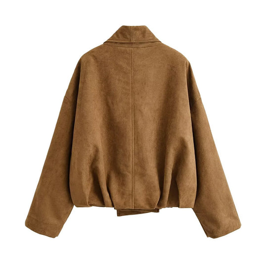 Damen Kurzjacke in Wildlederoptik mit Wasserfallkragen und balloniertem Saum Nord Taschen