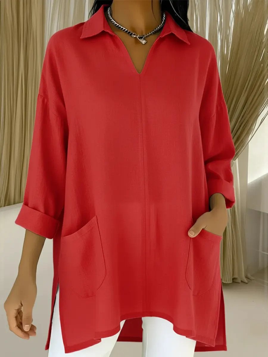Damen Oversize-Tunika mit Hemdkragen, V-Ausschnitt und aufgesetzten Taschen Nord Taschen