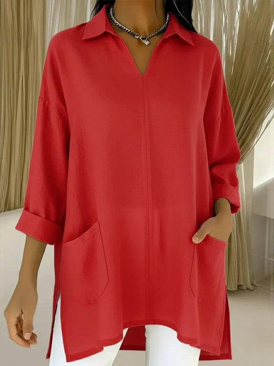 Damen Oversize-Tunika mit Hemdkragen, V-Ausschnitt und aufgesetzten Taschen Nord Taschen
