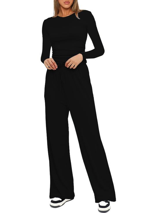 Damen Figurbetontes Longsleeve mit seitlicher Raffung und High-Waist Palazzo-Jogginghose Set Nord Taschen