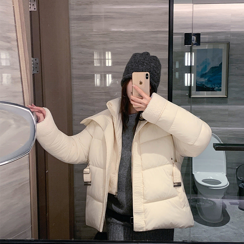 Damen nan kurz gesteppte Taillen-Pufferjacke mit kuscheligem Teddykragen und verstellbarem Schnallenriemen Nord Taschen