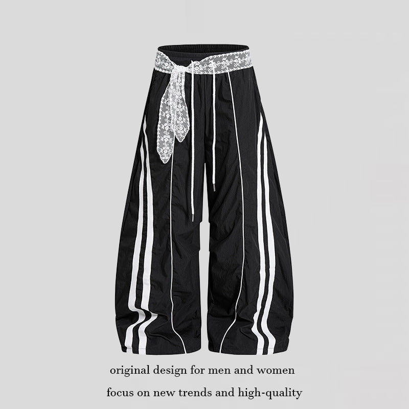 Damen Weite Palazzo-Loungehose mit elastischem Komfortbund, Kontraststreifen und Spitzenschnur Nord Taschen