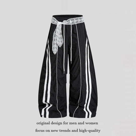 Damen Weite Palazzo-Loungehose mit elastischem Komfortbund, Kontraststreifen und Spitzenschnur Nord Taschen