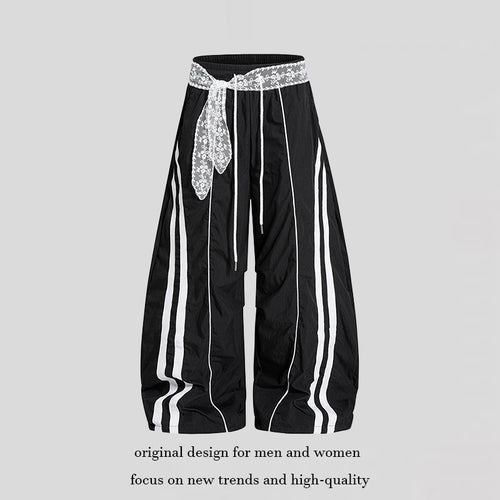 Damen Weite Palazzo-Loungehose mit elastischem Komfortbund, Kontraststreifen und Spitzenschnur Nord Taschen