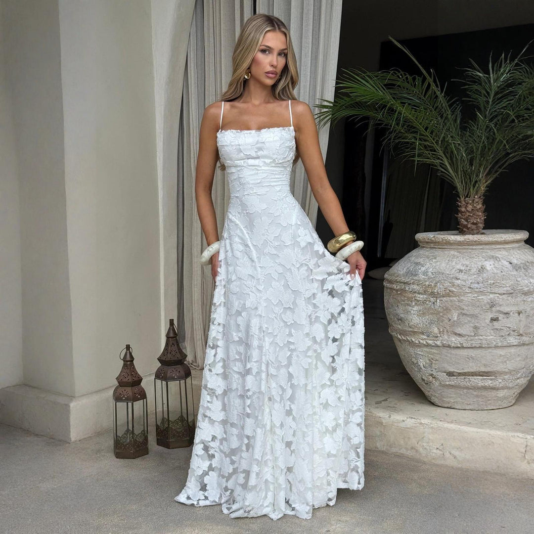 Damen Maxikleid mit floralem Spitzenmuster und schwingendem Rock