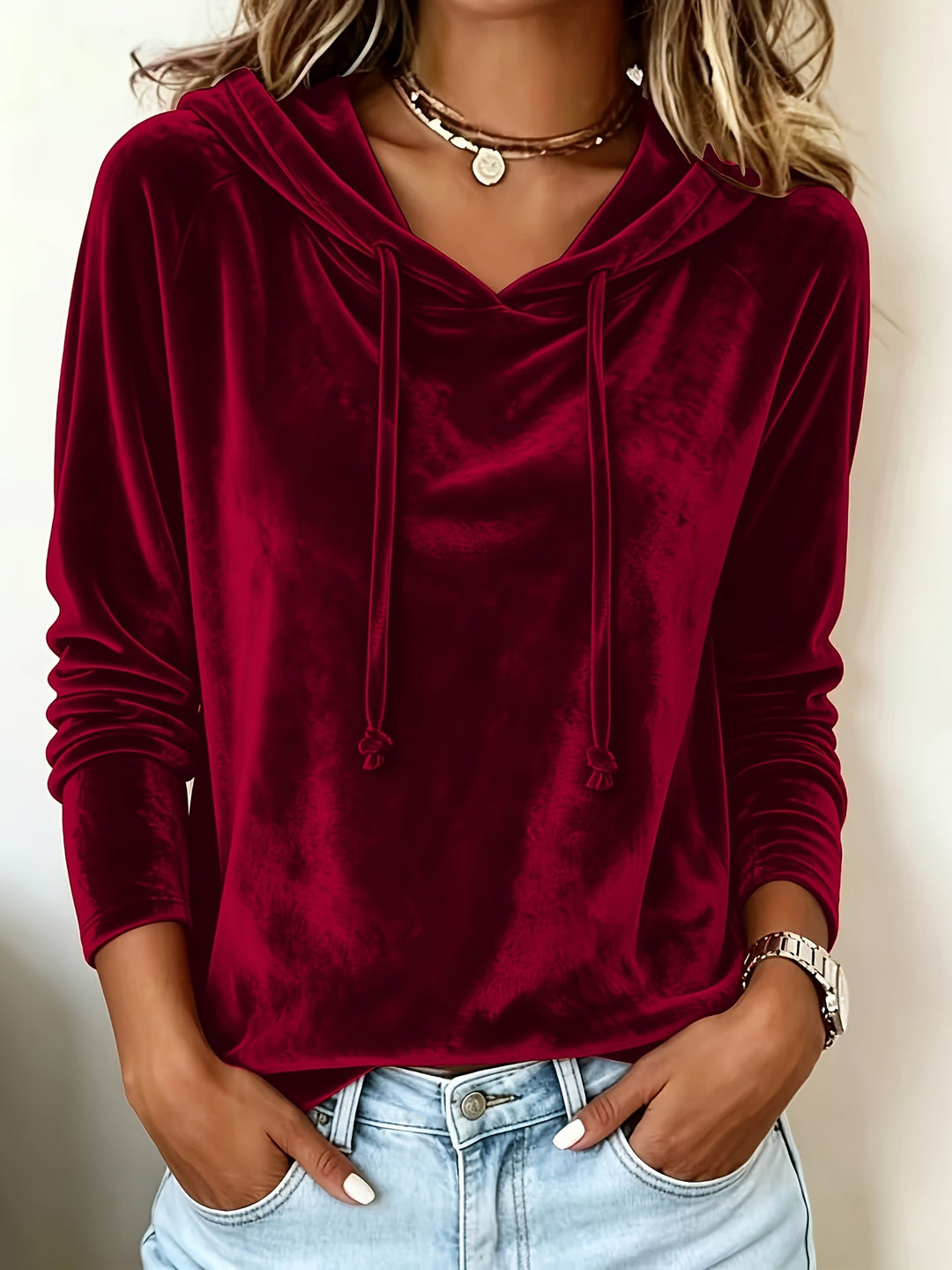 Damen Samt-Hoodie mit Kapuze Kordelzug und legerem Schnitt Nord Taschen