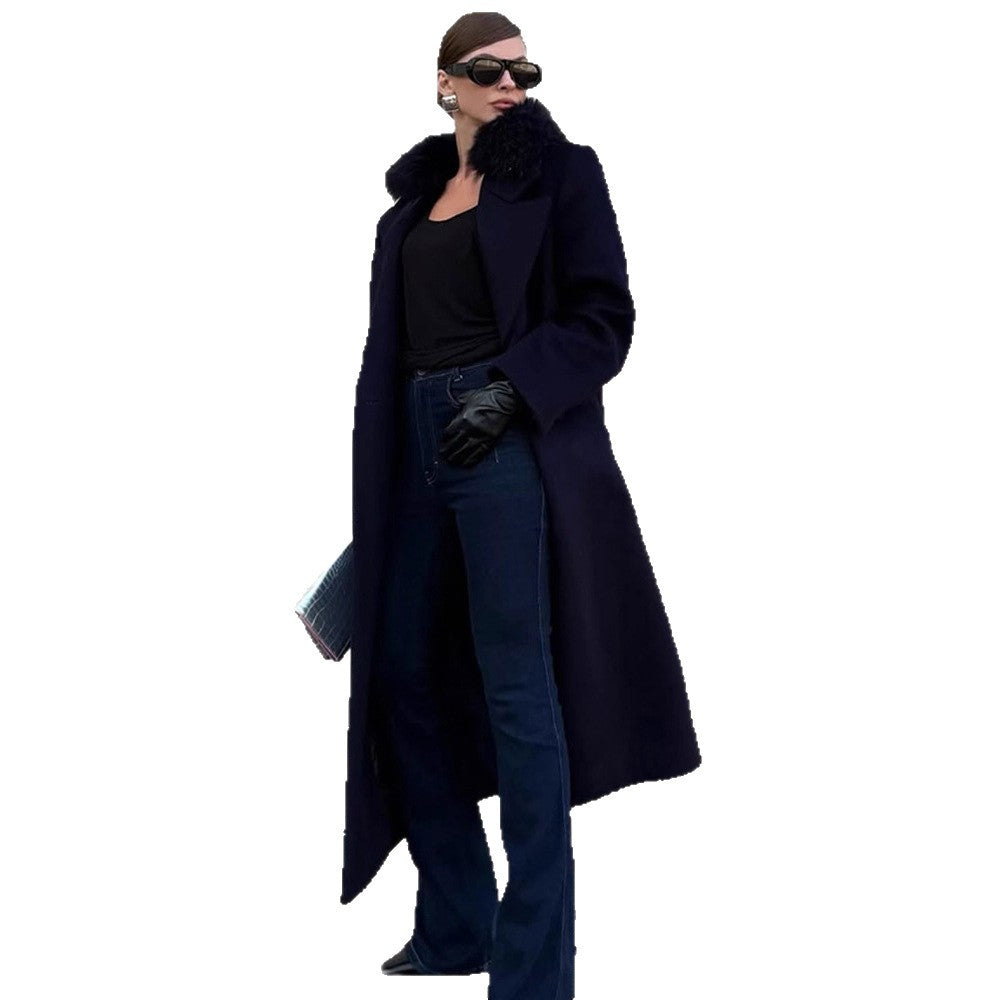 Damen langer Wollmix-Mantel mit großzügigem Kunstpelz‑Schalkragen und Oversize‑Schnitt Nord Taschen