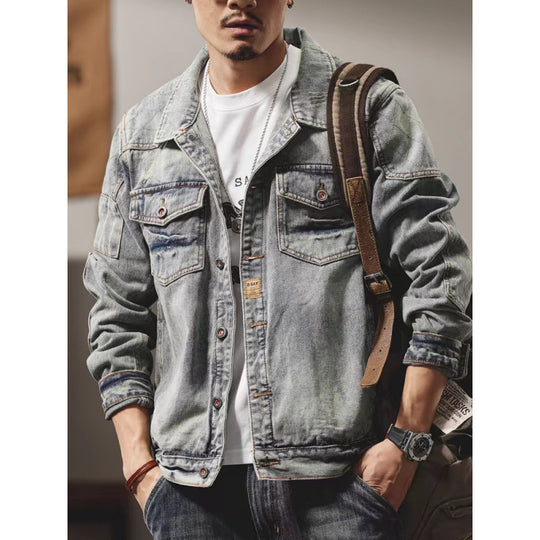 Herren Denim-Jeansjacke im Used-Look mit Hemdkragen, aufgesetzten Brusttaschen und legerer Passform Nord Taschen
