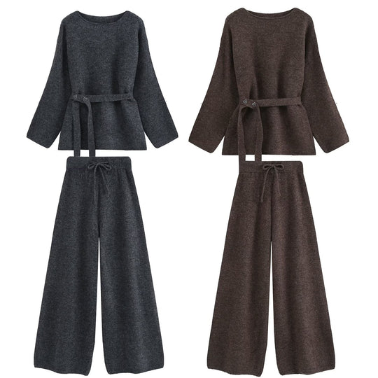 Damen Zweiteiliges Strick-Lounge-Set mit Taillengürtel und weiter Palazzo-Hose Nord Taschen