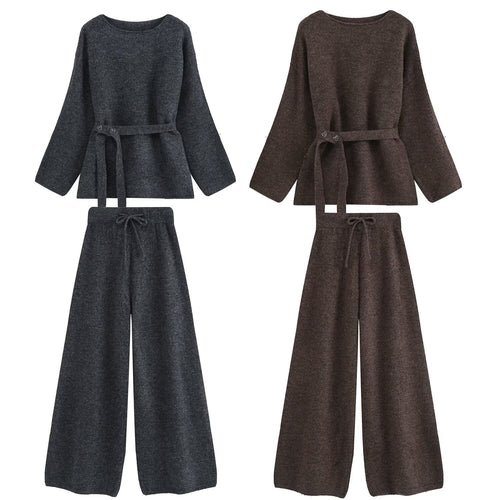 Damen Zweiteiliges Strick-Lounge-Set mit Taillengürtel und weiter Palazzo-Hose Nord Taschen