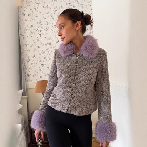 Damen Bouclé‑Jacke mit abnehmbarem Webpelzkragen und Fellmanschetten Nord Taschen