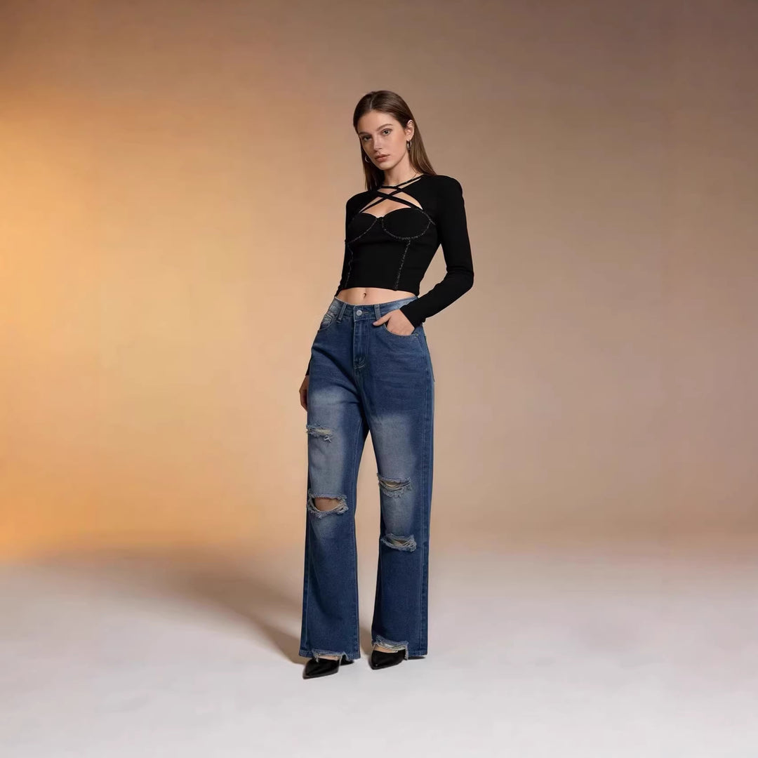 Damen hochgeschnittene Relaxed-Jeans mit weitem Bein, Knie-Rips und rohem Saum Nord Taschen