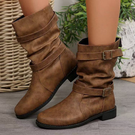 Damen Lässige Slouch-Stiefel mit verstellbaren Zierschnallen, flacher Profilsohle und weichem Kunstleder Nord Taschen