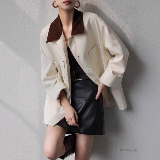 Damen Oversize-Cabanjacke aus strukturierter Baumwollmischung mit kontrastierendem Cordkragen und aufgesetzten Pattentaschen Nord Taschen