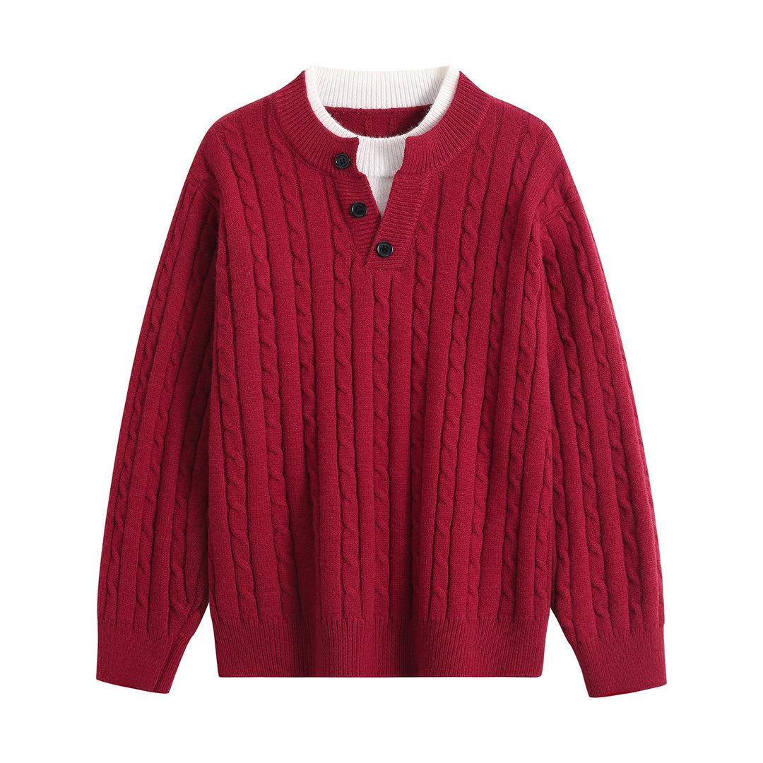 Damen Oversize Zopfstrick-Pullover mit Henley‑Kragen und Kontrastinnenkragen Nord Taschen
