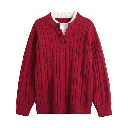 Damen Oversize Zopfstrick-Pullover mit Henley‑Kragen und Kontrastinnenkragen Nord Taschen
