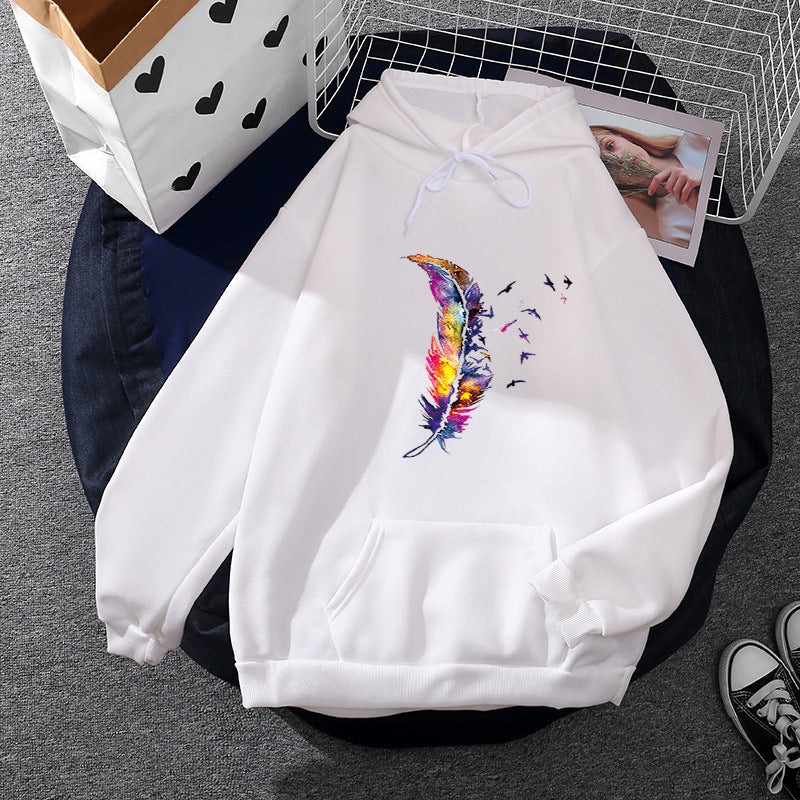 Damen nan Kapuzenpullover mit künstlerischem Aquarell‑Federmotiv, Oversize‑Schnitt und Kängurutasche Nord Taschen