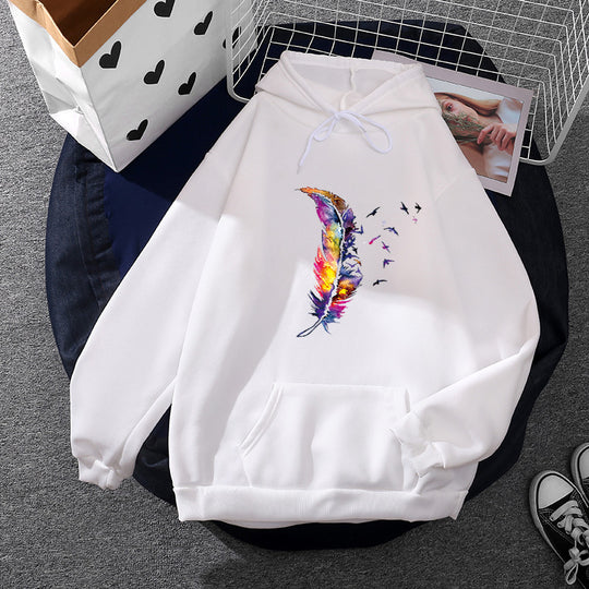 Damen nan Kapuzenpullover mit künstlerischem Aquarell‑Federmotiv, Oversize‑Schnitt und Kängurutasche Nord Taschen