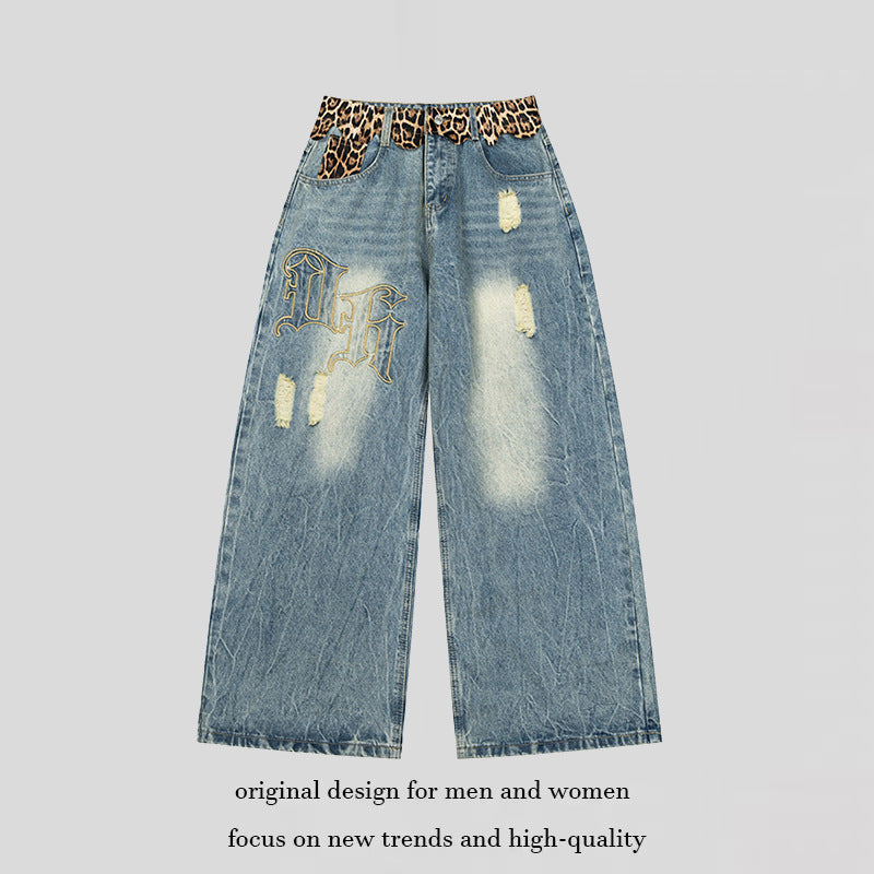 Damen weite Palazzo-Jeans mit destroyed-Details, Leopard-Bund und Gothic-Stickerei Nord Taschen