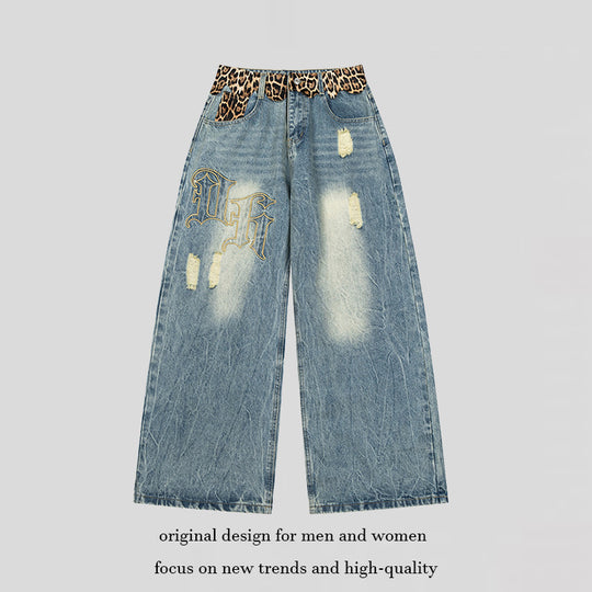 Damen weite Palazzo-Jeans mit destroyed-Details, Leopard-Bund und Gothic-Stickerei Nord Taschen