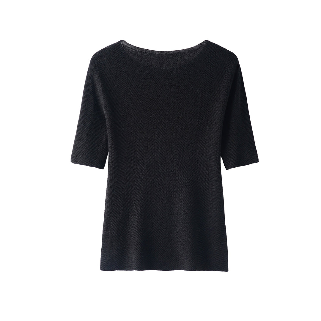 Damen Lockeres Feinstrick-Tunika-Shirt mit U-Boot-Ausschnitt und Fischgrätstruktur Nord Taschen