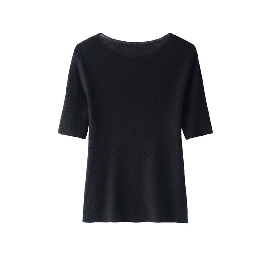 Damen Lockeres Feinstrick-Tunika-Shirt mit U-Boot-Ausschnitt und Fischgrätstruktur Nord Taschen