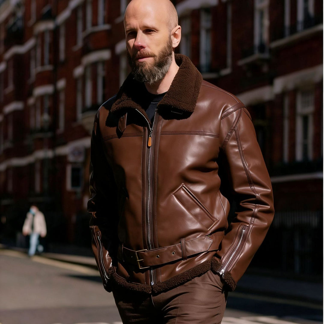 Herren Kunstleder-Fliegerjacke mit Teddyfutter, Reißverschlüssen und Stehkragen Nord Taschen
