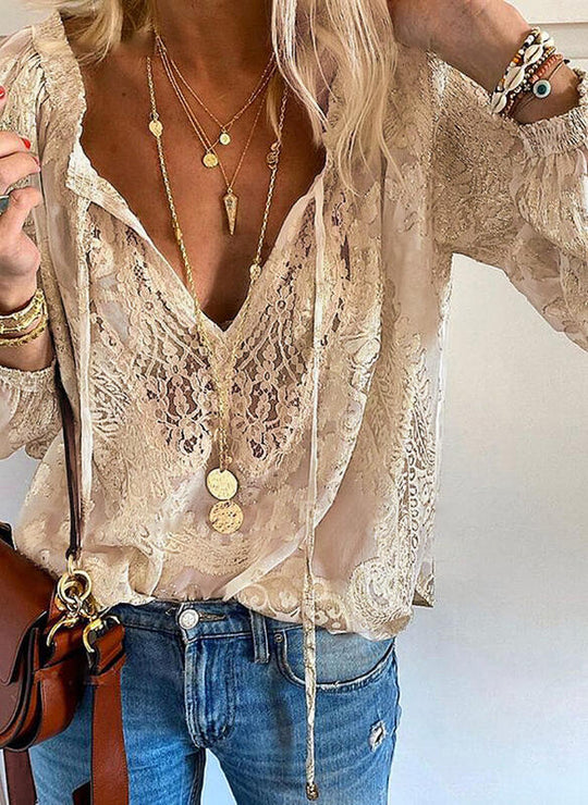 Damen Elegante und feminine Bluse mit V-Ausschnitt und Spitzenakzenten