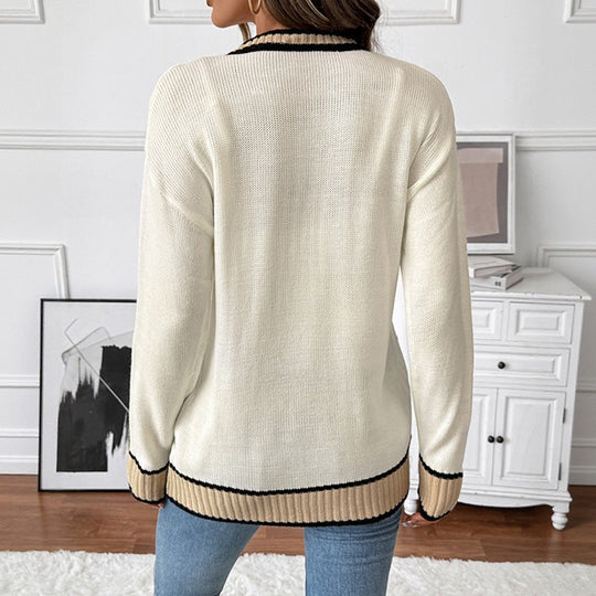 Damen Langer Feinstrick-Cardigan mit V-Ausschnitt, Kontrastpaspeln und aufgesetzten Pattentaschen Nord Taschen