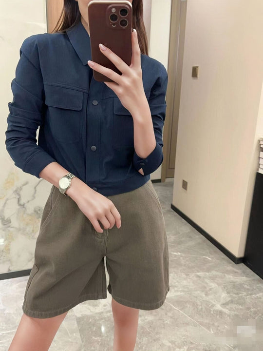 Damen Kurze Overshirt-Jacke aus strukturiertem Canvas mit Brusttaschen Nord Taschen